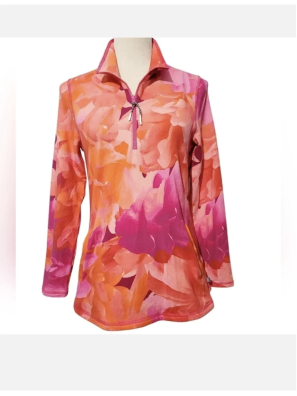 T by Talbots Floral Quarter-Zip Pullover Sweatshirt, Orange Pink sport sz XL